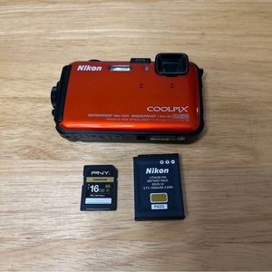 Nikon Coolpix AW100, 16 Megapixels, 5x Optical Zoom, Waterproof Orange, 16 GB SD